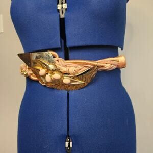 Vintage Carolyn Tanner Braided Rope Belt | Gold Leaf Buckle | Peach Satin Wrap